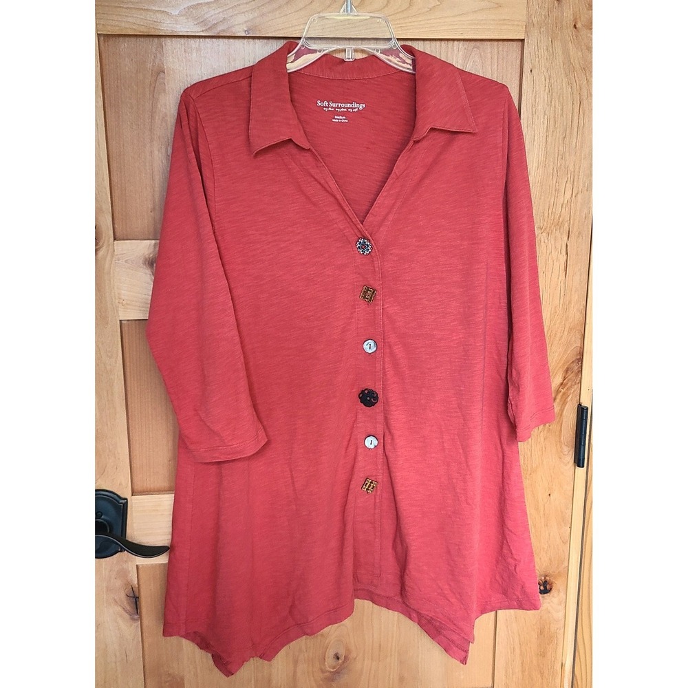 Soft Surroundings Danielle 100% Cotton Red‎ Button Tunic Top MEDIUM Boho Flowy